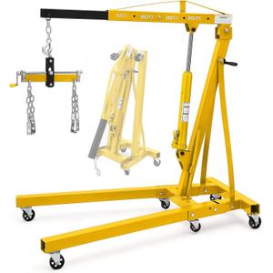 Engine Hoist with Lever, 2 T 4000 LBS Heavy Duty Folding Cherry Picker Engine Lift Hydraulic Tilting Engine Shop Crane with 6 Iron Caster Wheels Telescopic Boom Hitch,Yellow