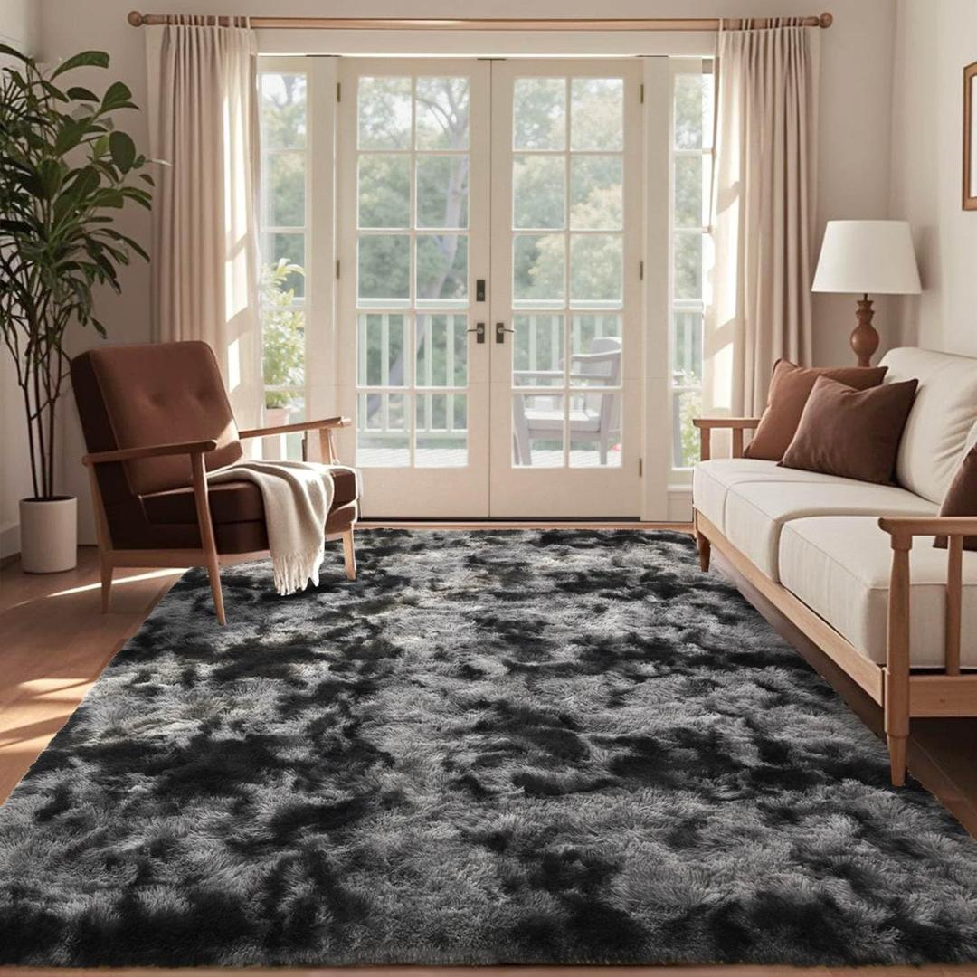4x6 Ft Shag Rugs for Bedroom Living Room, Tie-Dyed Ultra Soft Fluffy Furry Area Rugs for Indoor Floor, Aesthetic Carpet for Kids Home Decor (Dark Grey)