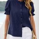 PRETTYGARDEN Womens Puff Short Sleeve Tops 2026 Summer Spring Button Down Boho Embroidered Cute Blouse Dressy Casual Shirts (Blue, L)