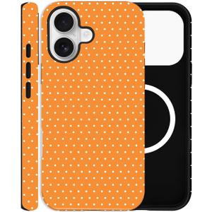 Magnetic Case for iPhone 16, Compatible with MagSafe, Aesthetic Polka Dot Cute Design for Women, Hybrid 2-Layer Hard Shell Phone Cover, Orange