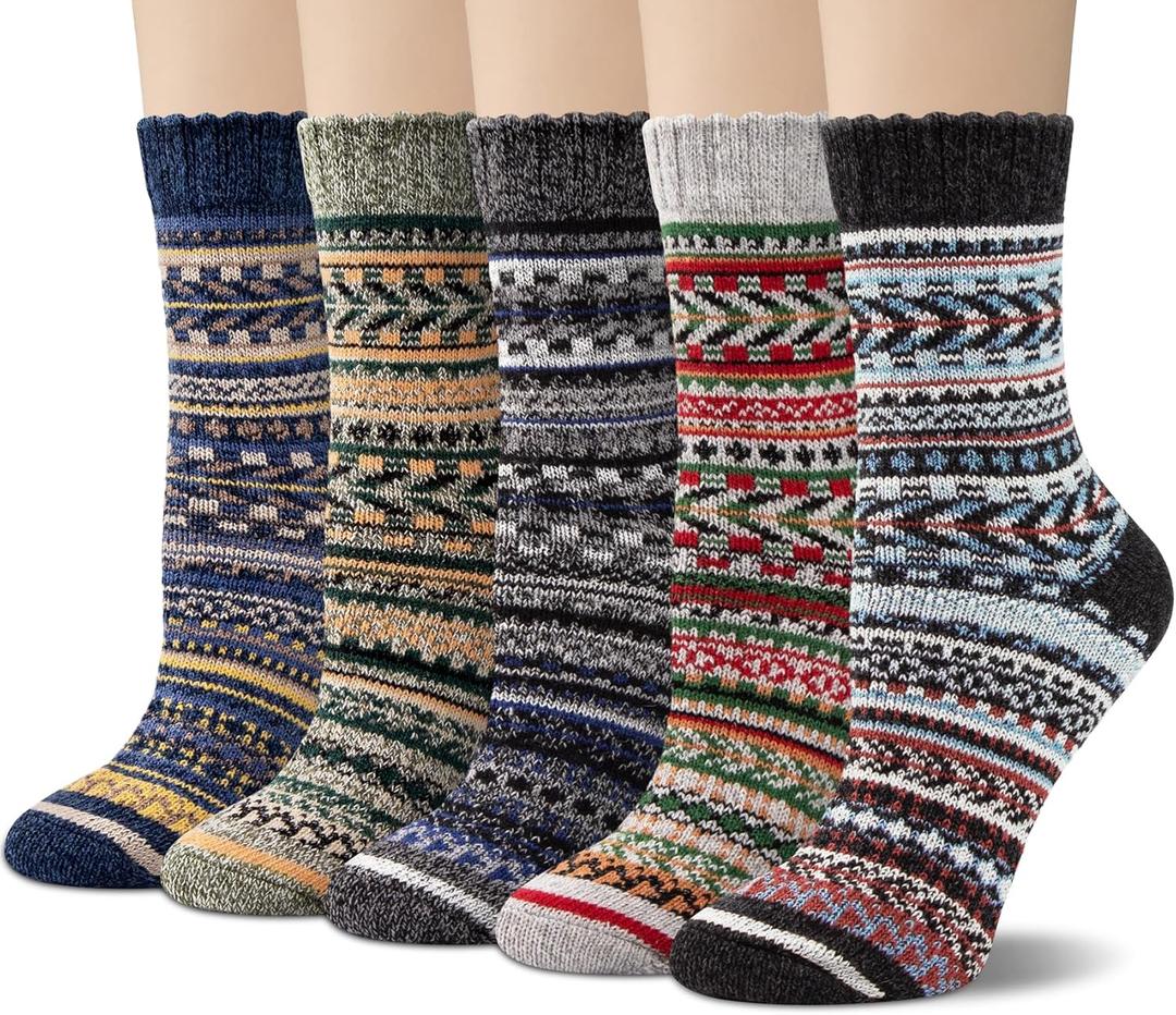 Justay 5 Pairs Wool Socks for Women - Winter Thick Boot Cozy Crew Vintage Soft Calf Knit Warm Socks Gifts (One Size, Blue Green Black Dark Grey Light Grey)