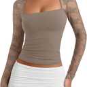 PINKMSTYLE Women Sexy Square Neck Lace Long Sleeve Tops (Brown)