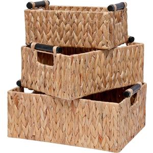 Storage Baskets 3 Pack Storage Baskets for Organizing Toys,Handwoven Storage Bins for Nursery,Natural Water Hyacinth Baskets for Organizing with Wooden Handles
