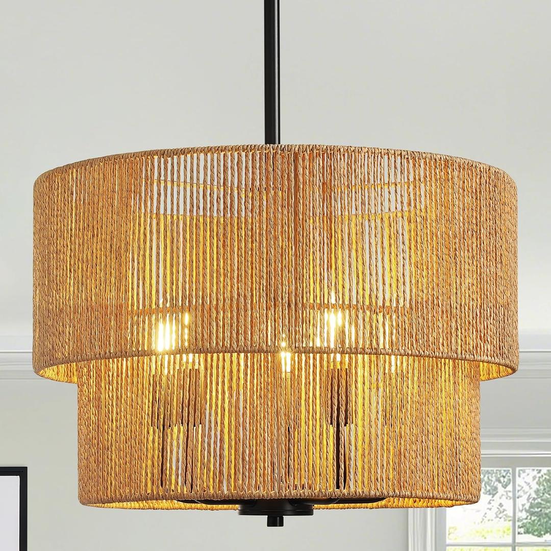 RUIYEY Rattan Chandelier Light Fixtures: 18 inch Boho Large Pendant Lights with Wicker Lampshade, E12 5 Light Height Adjustable Hand Woven Hanging Black Chandeliers for Dining Room Kitchen Living Room