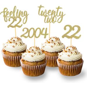 24pcs Feeling 22 Cupcake Toppers, Twenty Two Birthday Cake Decorations, Cheer to 22 Years Old Theme Party Decoration Supplies (Gold2)