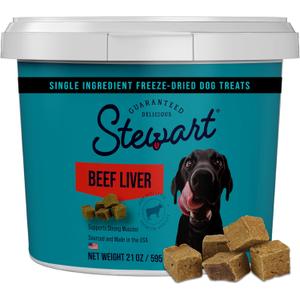 Stewart 100% Beef Liver Dog Treats, 21 oz Tub, ~475 Pieces, Freeze Dried Raw, 50% Protein, Single Ingredient Training Treats or Meal Topper, Grain Free, Gluten Free (EXP 04/06/28)