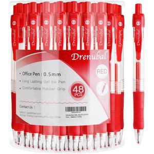 Drenubal Red Glide Retractable Ball Pens, Medium Point (0.5mm), Comfortable Rubber Grip For Writing, 48-Count Pack