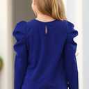 GORLYA Girl's Puff Sleeve Casual Solid T-Shirt Pullover Keyhole Back Blouse Tops for 4-14T Kids (Blue-long Sleeve)