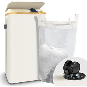 VOUNOT Foldable Laundry Basket 100L with Lid Handles, Collapsible Linen Basket with Inner Laundry Bags Freestanding Laundry Hamper Bin for Bedroom, Bathroom, Beige
