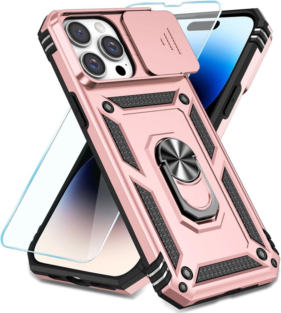 SunStory Compatible with iPhone 14 Pro Case with HD Screen Protector & Slide Camera Cover & Rotated Ring Kickstand, [Military-Grade] Phone Case for iPhone 14 Pro (Rose Gold)