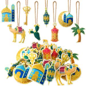24 Pcs Ramadan Tree Ornaments Felt Eid Mubarak Decoration Eid Al Fitr Hanging Castle Lantern Star Moon Islamic Ornaments for Tree Ramadan Mubarak Decor for Home Party Supplies (Glitter)