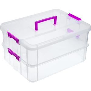 JUXYES 2-Tiers Stack Carry Storage Box With Handle, Transparent Stackable Storage Bin With Handle Lid Latching Storage Container for School & Office Supplies (Purple)