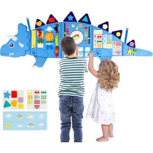 Dinosaur Montessori Busy Board for Kids: 16 Activities Sensory Wall for Baby 6-12 Months 2 3 4 5 Years - Fine Motor Skills and Early Learning Toys for Toddlers, Blue