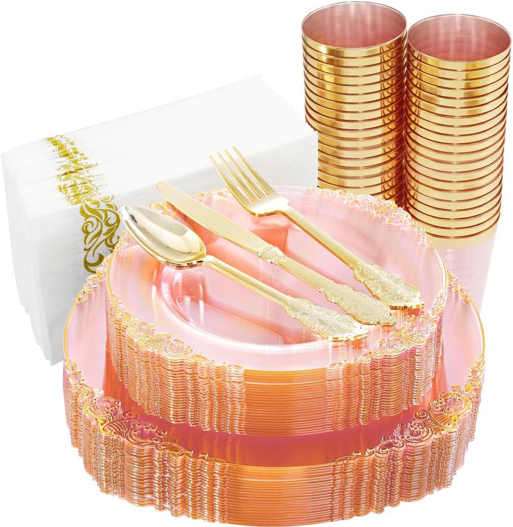 Hioasis 175pcs Clear Pink Plastic Plates - Elegant Disposable Dinnerware Set Suitable for 25 Guests Include 10.25" Dinner & 7.5" Dessert Plates, Pre Rolled Silverware Set, Cups for Party & Wedding