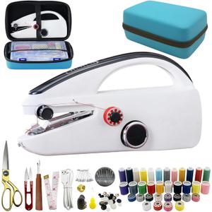 Handheld Sewing Machine Heavy Duty, with Blue Leather Storage Case and 110-Piece Sewing Kit, Mini Portable, Ideal for Adults & Beginners, Complete Set of Quick Home Clothing Repair Tools, Good Gift