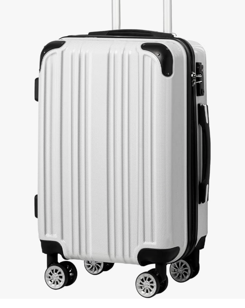 Coolife Luggage Expandable(only 28") Suitcase PC+ABS Spinner 20in 24in 28in Carry on (white grid new, M(24in))