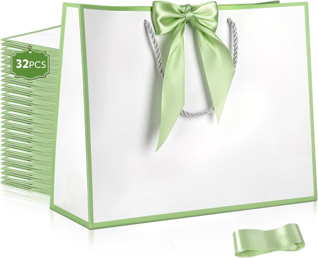 32 Pcs Thank You Gift Bags with Handle 12.6x9.8x 4.3in Bridesmaid Gift Bag Welcome Bags Large Gift Bag with Bow Ribbon for Wedding Baby Shower Birthday Thanksgiving Christmas Housewarming Sage Green