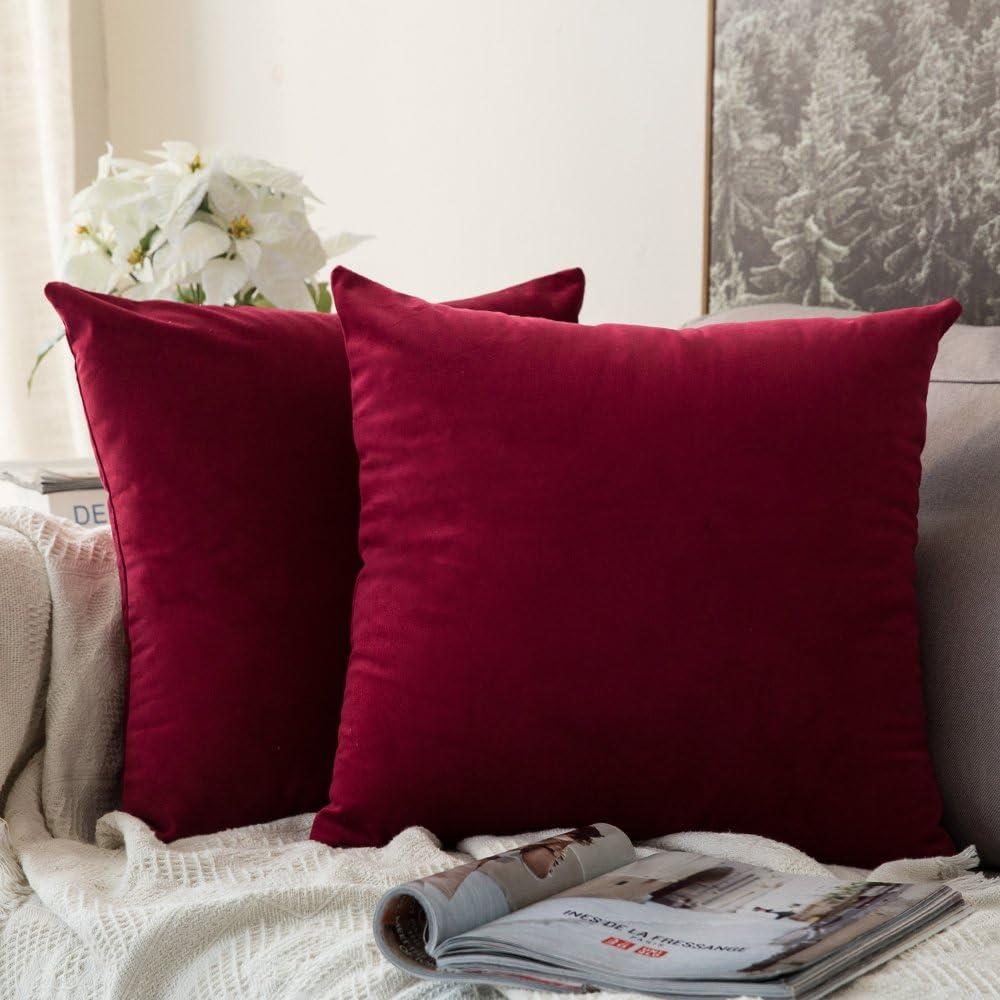 MIULEE Pack of 2 Velvet Soft Solid Decorative Square Throw Pillow Covers Set Christmas Cushion Cases Pillowcases for Sofa Bedroom Couch Car18x18 Inch 45x45 Cm (18" x 18" (Pack of 2), Wine Red)