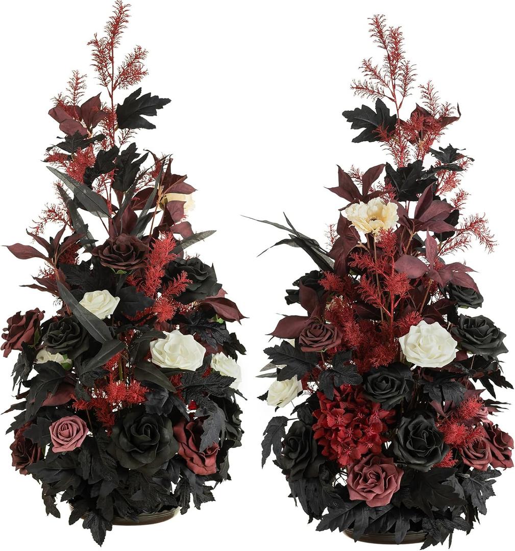 Ling's Moment Black Christmas Decorations, 41" Tall Fall Free Standing Artificial Flowers Arrangements 2 pcs Wedding Arch Altar Stage Decor Ceremony Church Backdrop Outdoor Floral Party, Burgundy Red