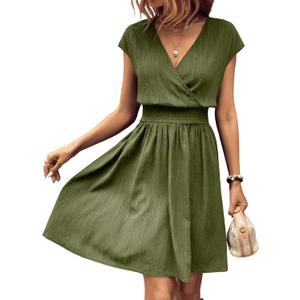 SweatyRocks Women's Short Batwing Sleeve Cross Wrap V-Neck A-line Casual Swing Dress Plain Shirred Flared Short Dress (X-Large, Army Green)