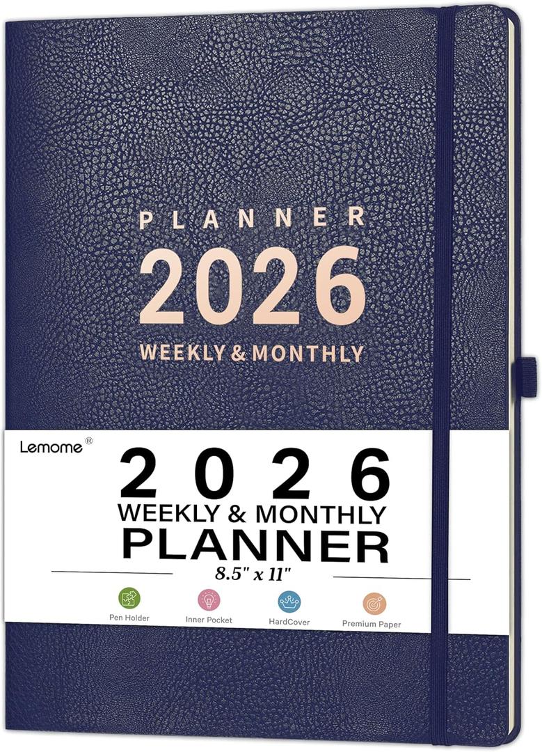 2026 Planner - Jan 2026 - Dec 2026, 2026 Planner Weekly and Monthly, 8.5" x 11", Pen Holder, Calendar Stickers, Pocket, 25 Notes Pages, Faux Leather Cover, A4 Premium Paper - Blue