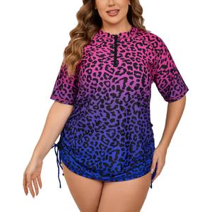 Halcurt Women's Plus Size Half Zip Short Sleeve Rash Guard Swim Top Drawstring Swim Shirt UPF50+ Swimsuit (3X, Pink Blue Leopard)