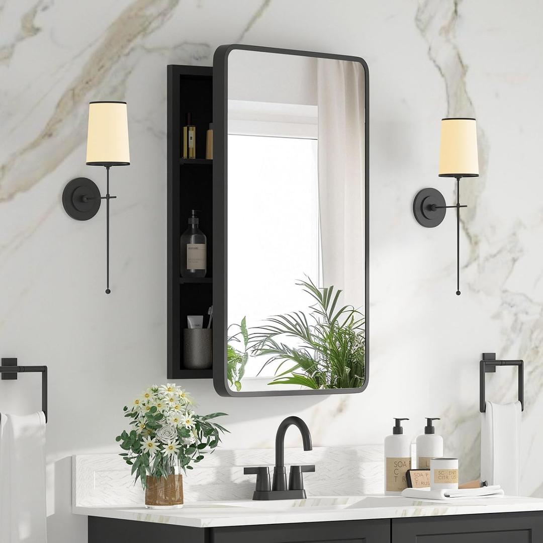 Bathroom Medicine Cabinet with Mirror 16 x 24 Inch, Black Medicine Cabinet Recessed or Surface Wall-Mounted, Mirrored Cabinets with 2 Adjustable Shelves for Bathroom Vanity