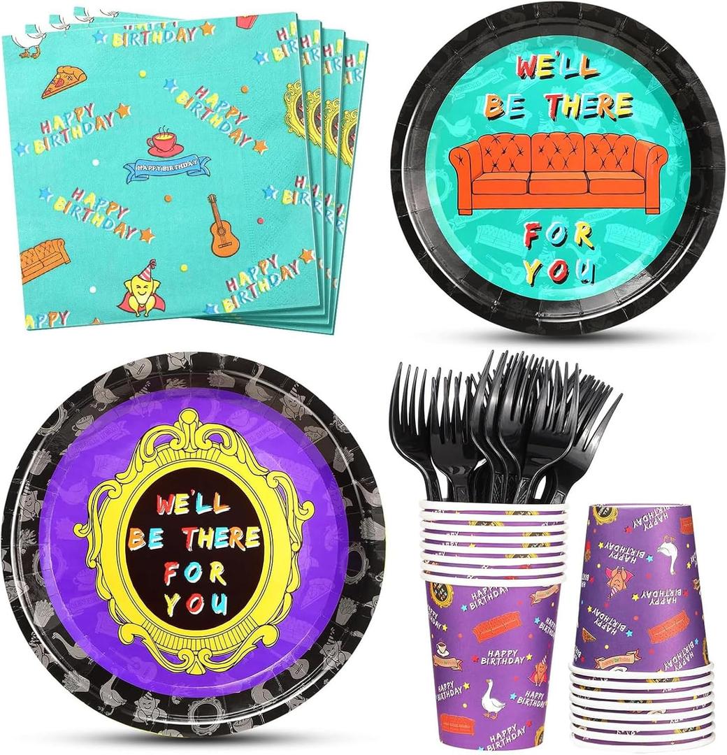 Funnymoom 84 Pcs Happy Birthday Party Supplies Birthday Decorations Include Paper Plates Paper Cups Napkins Black Plastic Fork Disposable Dinnerware for Party Supplies