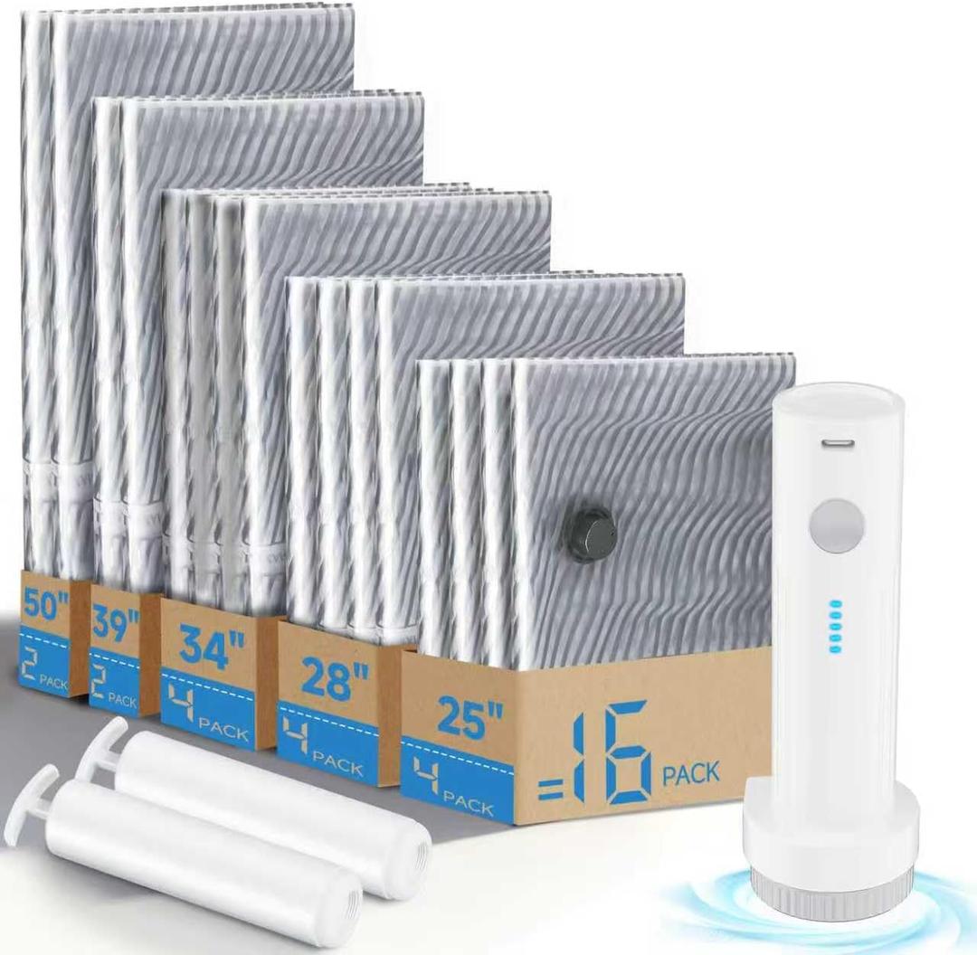 16 PCS Vacuum Seal Bags for Clothing with Electric Air Pump, Compression Space Saver, Vacuum Storage Bags for Luggage, Travel, Blankets, Pillows, Bedding and Moving, Hand Pump Included