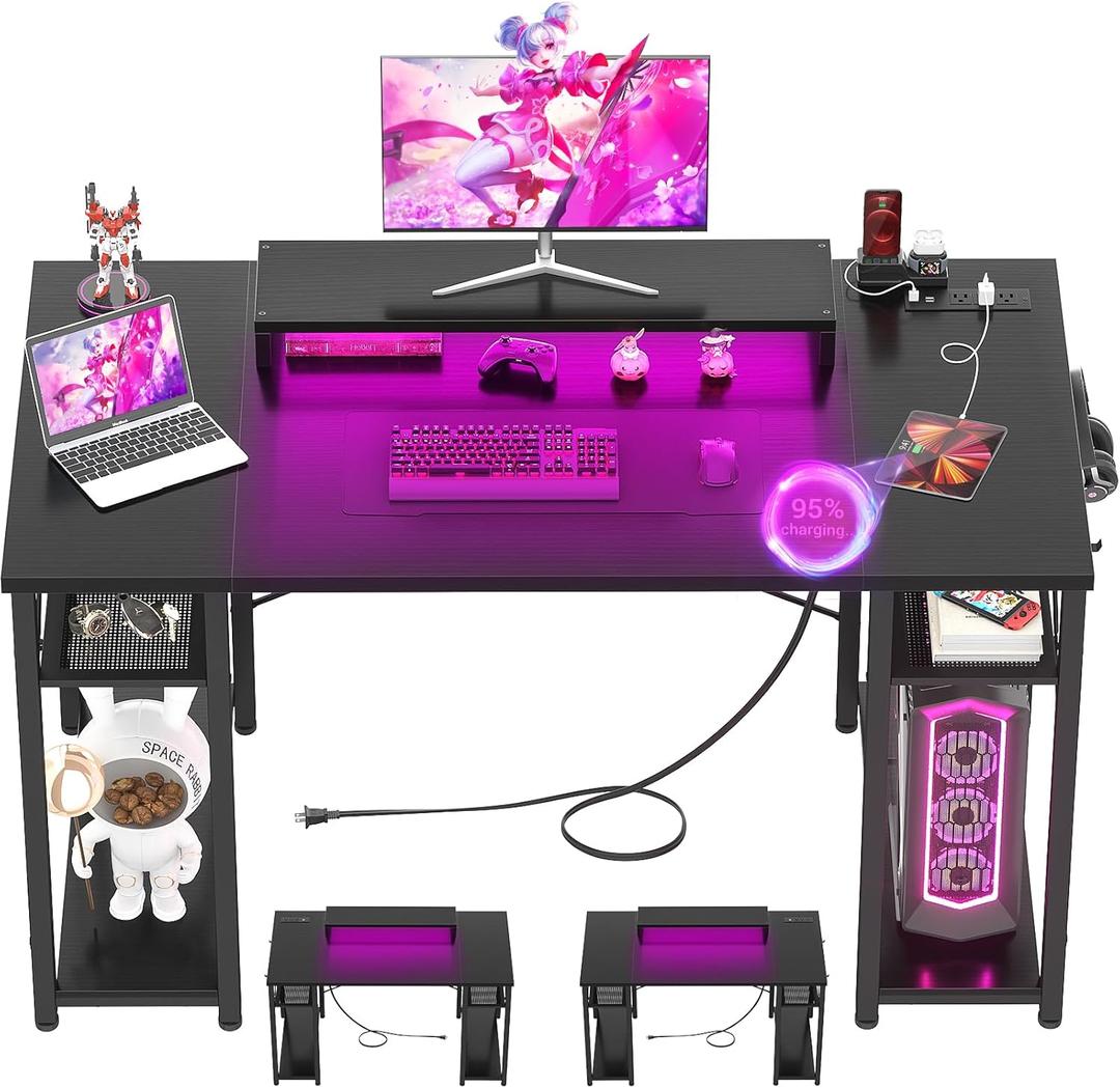 Armocity Computer Desk with LED Lights, 48 Inch Reversible Large Desk with Power Outlet and USB, 48'' Gaming PC Table with Moveable Monitor Stand for Home Office, Workstation, Black (47.2")