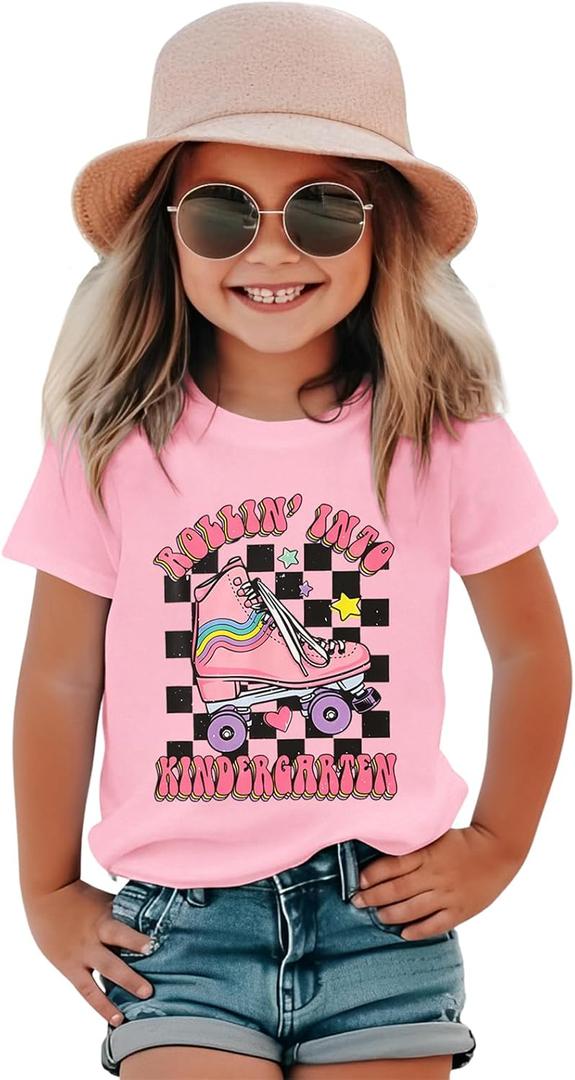 Rollin into Kindergarten Shirt for Baby Girl Roller Skate Tshirt Kids Back to School Outfit First Day of School Tee (4T, Pink-2)