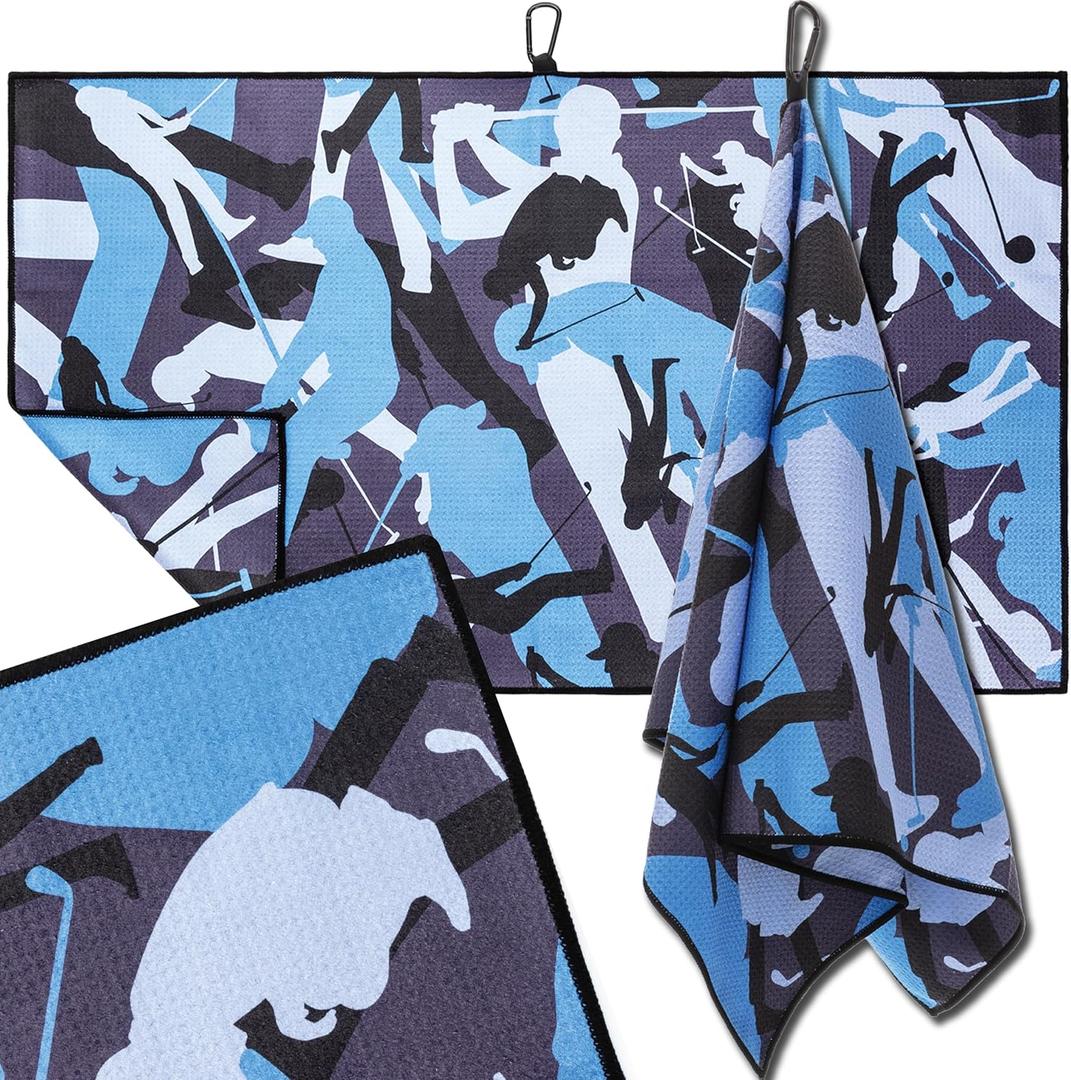 ANNIE FIORI Golf Towel (34" x 20") | Funny Camo, Microfiber Waffle Golf Towels For Golf Bags with Quick Dry Technology & Black Carabiner Clip - Golf Accessories for Men & Women, Ideal Gift for Golfers (Blue)