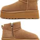 Haifago Platform Mini Snow Boots for Women, Suede Genuine Leather Winter Ankle Booties with Zip up, Womens Classic Fur Lined Short Boot Anti-Slip (Brown)