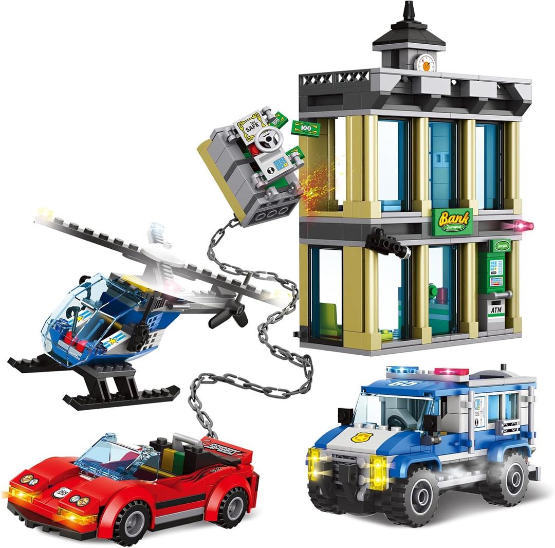 City Police Catch Thief Building Block Set with Cop Car, Bank, Helicopter, Getaway Sports Car, Fun Police Chase Toy for Kids, Best Learning & Roleplay STEM Toy Gift for Boys Girls Ages 6+ (625pcs)