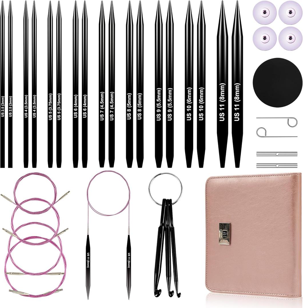 Froggod 4.53-inch (11.5cm) Interchangeable Circular Knitting Needles Set Aluminum US Sizes 2.5, 4, 5, 6, 7, 8, 9, 10, 11 with Interchangeable Knitting Needles and Cables, Accessories and Case, 9 Pairs