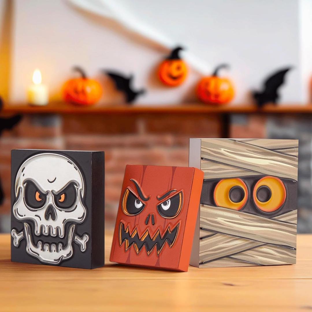 4 x Halloween Decorations Indoor - 3 PCS Wooden Ghost Halloween Signs Blocks for Table, Office, Tiered Tray, Fireplace Mantle