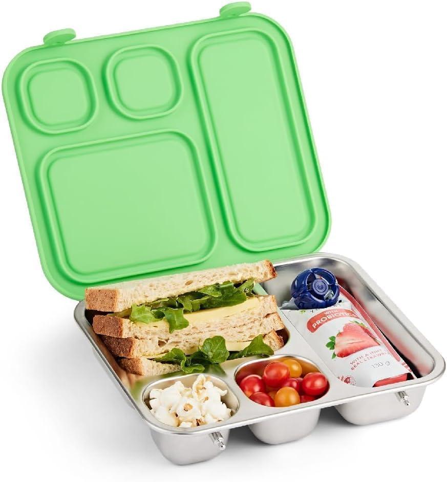 Elk and Friends Kids Stainless Steel Bento Box with Silicone Lid | Leak-proof | Toddler Lunch Container | 4 Compartments | Dishwasher Safe (Green)