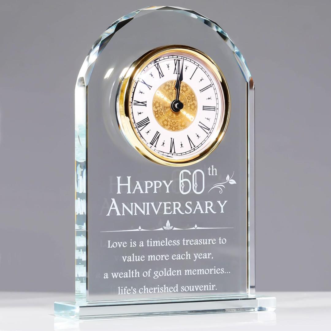 YWHL Happy 60th Anniversary Quartz Clock Gifts for Parents Grandparents, 60 Year Wedding Anniversary Glass Keepsakes Gifts for Couple, 60th Marriage Party Decorations (Battery not Included)