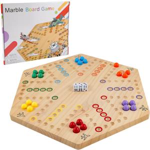 Large Size 20 inches Wood Wahoo Marble Board Game 2 Sided Game 4-6 Player for Friends and Family Party, Classic Wahoo Style Strategy Racing Game with 6 Dices,30 Marbles (Log), 20*18*0.8 Inches