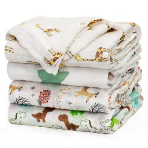 upsimples Baby Swaddle Blanket Unisex Swaddles Wrap Soft Silky Muslin Neutral Receiving Blankets for Boys and Girls, Large 47 x 47 inches, Set of 4 - Fox/Elephant/Giraffe/Dinosaur (Green White)