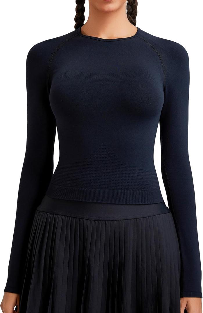 RUNNING GIRL Long Sleeve Yoga Shirts for Women, Soft Fitted Seamless Stretchy Casual Crew Neck Athletic Basic Shirt (XL)