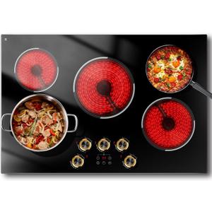 30 Inch Electric Cooktop, 30" Electric Stove 8500W, 5 Burner Ceramic Cook Top Built-in, Knob & Touch Control, Expanded Zone, Child Lock, Pause Function, 220V - 240V Hard Wire, No Plug