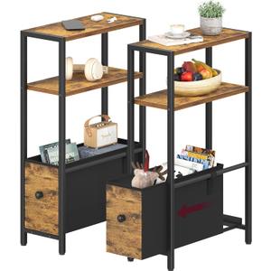 KLUVIS Skinny Side Table with Storage - Narrow End Table for Small Space Bedroom Living Room Slim Bedside Tables Thin Nightstands Set of 2, Farmhouse Brown (06BN2)