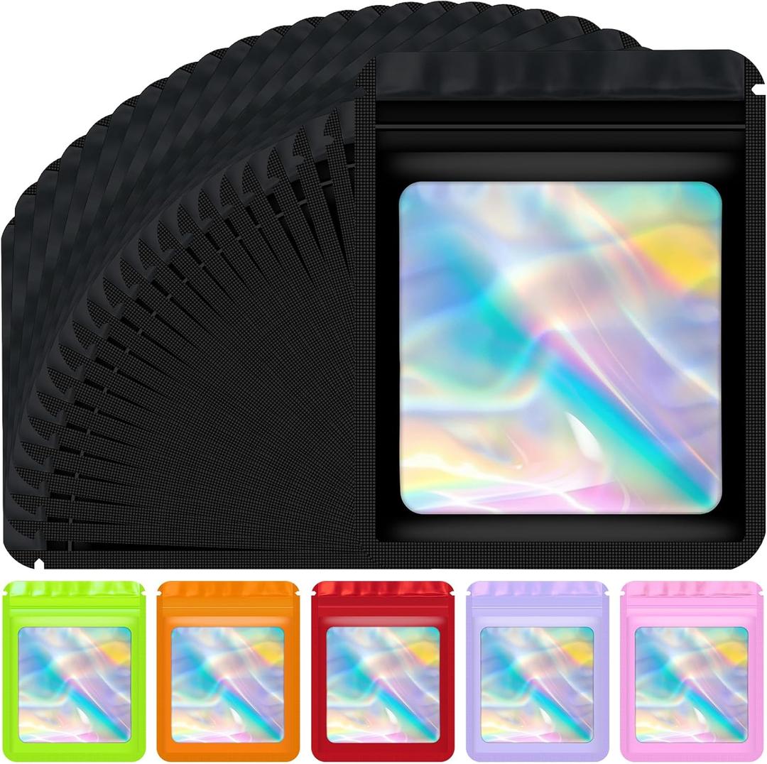 Jetmore 100 pcs Holographic Bags Mylar Resealable Bags for Small Business Sealable Packaging Bag for Candy Food Storage Sample Bracelet Product Freshie Supplies Gifts Smell Proof Bag 33 Inch, Black