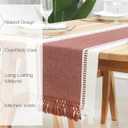 PurpleEssences Rust Table Runner - Wide with Dobby Stripe, Heavy Ribbed Weave & Double Knot Fringes, 14x72 Inch (14x77.5 with Fringes) Boho Farmhouse Decor - Fall Thanksgiving - Rust and H.White
