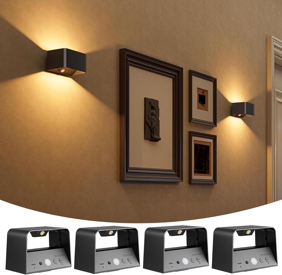 NIORSUN Motion Sensor Wall Light, 5000mAh Battery Operated Wall Sconce with Remote, 3CCT Dimmable Rechargeable Wall Lights, Wireless Sconces for Living Room Bedroom Hallway (4 Pack, Black)