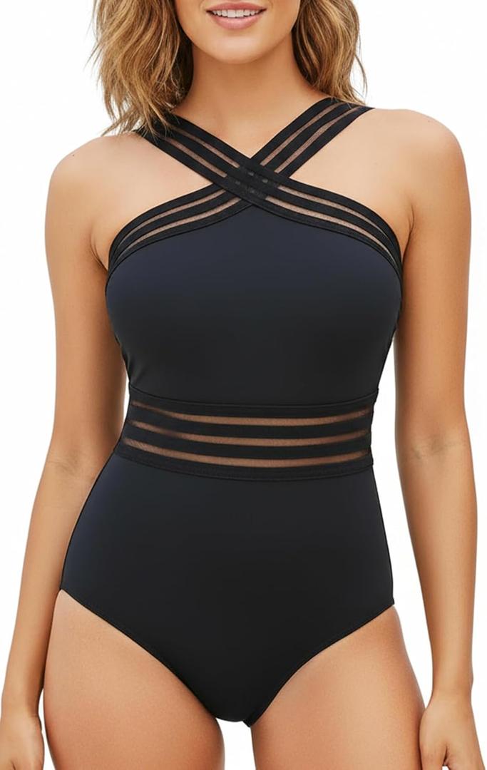 Tempt Me Women Crisscross One Piece Swimsuit Tummy Control Bathing Suit Front Crossover Swimwear (X-Small, Black-1)