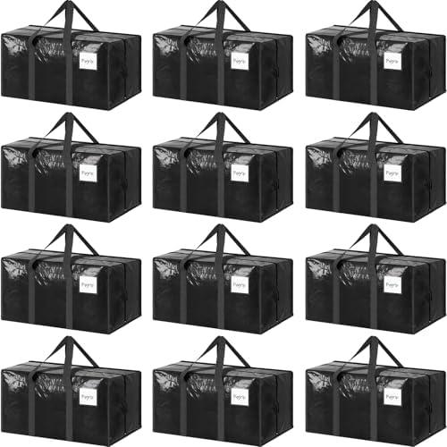 12 Pack Extra Heavy Duty Large Moving Bags with Strong Zipper & Comfortable Handles, Sturdy & Durable Clothes Storage Bags Totes Bins, Packing Moving Boxes for College Supplies, Black