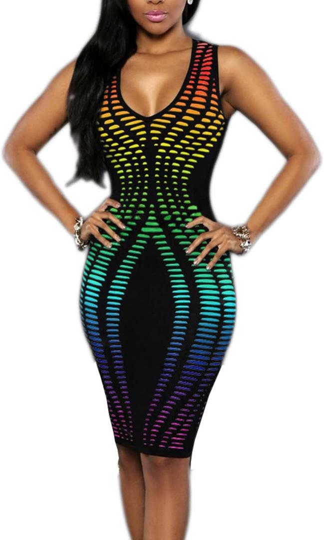 Women's Sexy V-Neck Party Dresses Sleeveless Stripe Print Bodycon Midi Club Dress (Medium, Multi 1)