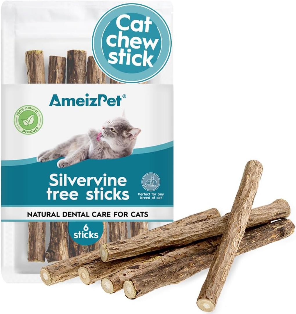 AmeizPet Silvervine Sticks For Cats, Chew Sticks Covered With Silvervine Dust – Natural Matatabi Cat Dental Care, Catnip Cat Teeth Cleaning Dental Sticks, 6sticks, 3Pcs